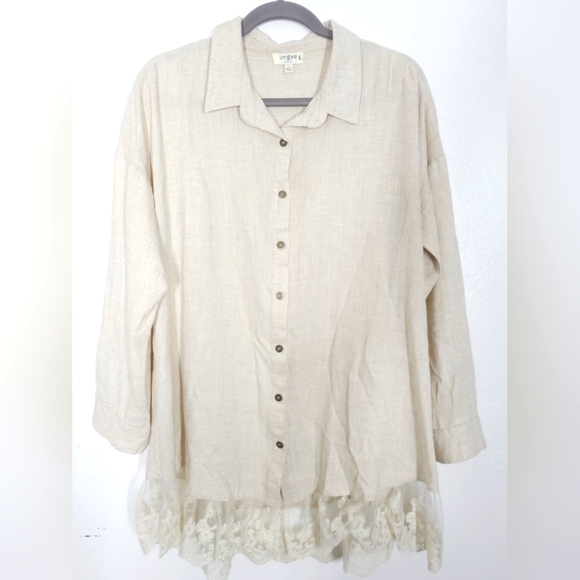 Umgee Tops - Umgee Tunic Lace Hem  Top Large Linen Blend